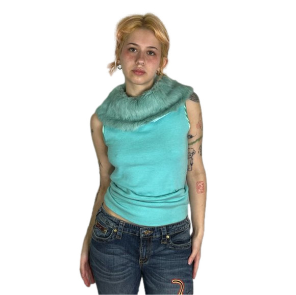 URTHEONE Tops - URTHEONE Turqiose  Sleeveless Faux Fur Trim Tank